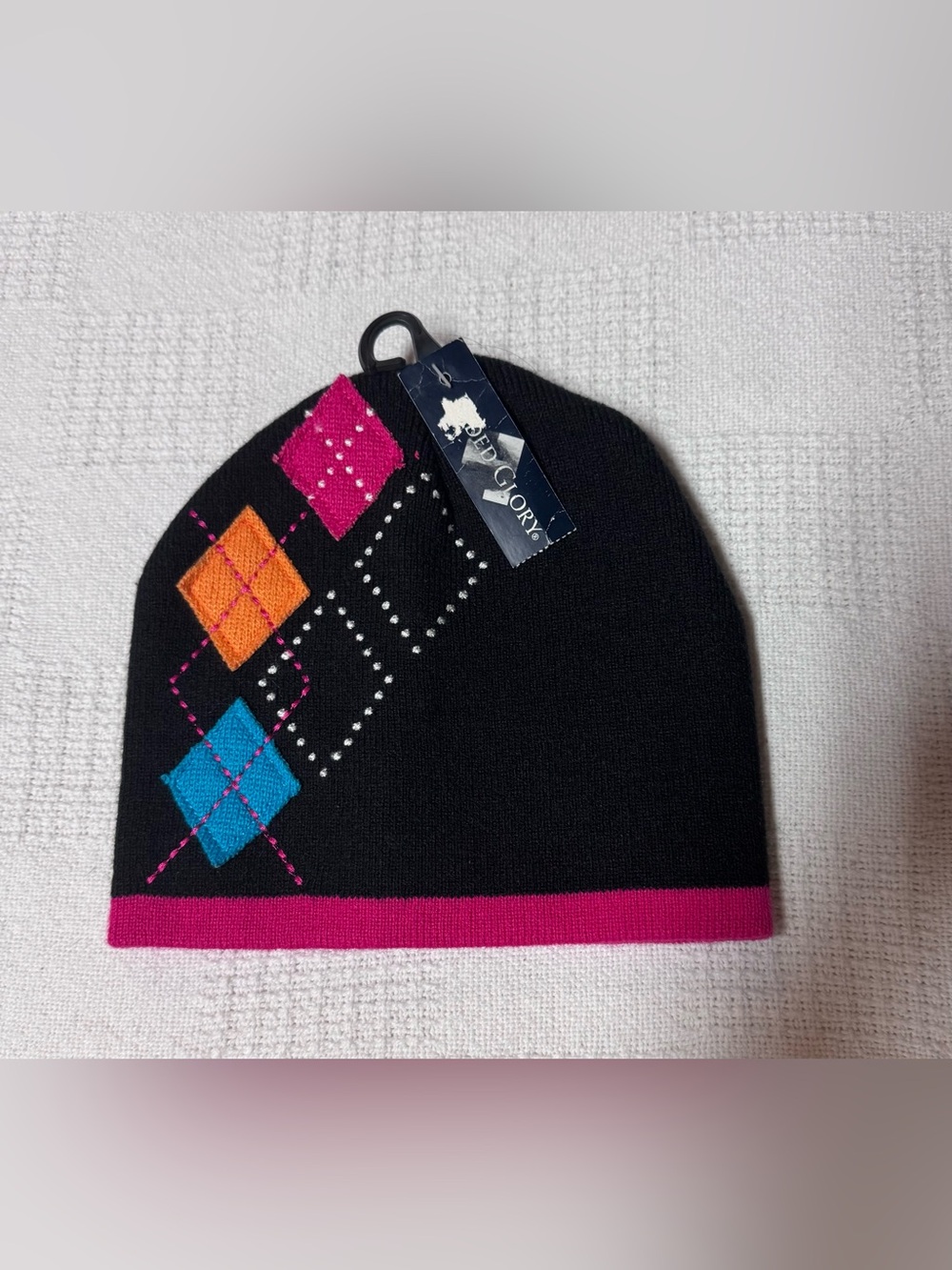 Faded Glory Black Kids Beanie with Pink Trim and Multicolor Argyle